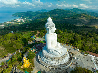 aerial photography scenery blue sky and blue ocean behind Phuket white big Buddha..Fog cover Phuket...