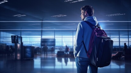 Handsome man on holiday to travel at airport background. Image of traveling on holiday. copy space for text.
