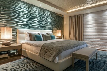 A modern bedroom with a 3D rippled water effect wall in teal and a contemporary cream bed