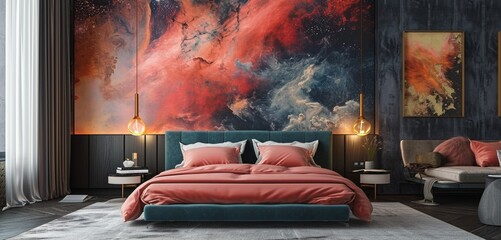 A modern bedroom with a 3D intricate wall displaying a neon abstract galaxy design paired with a vibrant coral bed