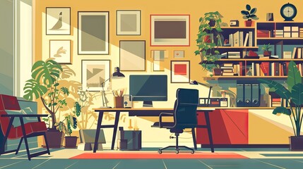 A colorful and cozy home office illustration, blending comfort with productivity. A personal workspace that's both inviting and efficient. Generative AI