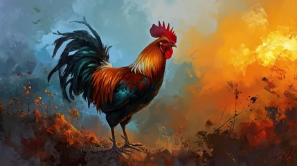 Fotobehang A beautiful rooster crowing at dawn, symbolizing the start of a new day. The image captures the essence of rural life and natural beauty. Generative A © Sebastián Hernández