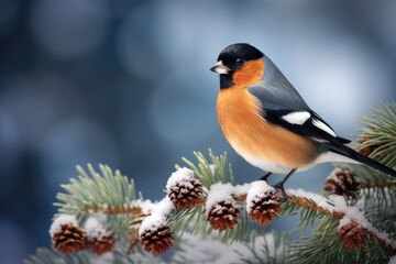 Fototapeta premium Bullfinch sitting on a pine branch