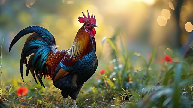A beautiful rooster crowing at dawn, symbolizing the start of a new day. The image captures the essence of rural life and natural beauty. Generative A