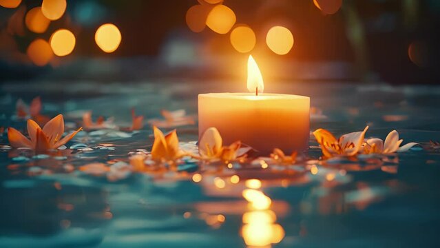 Closeup of a floating candle, casting a warm glow and creating a mesmerizing ambiance on the surface of the pool.