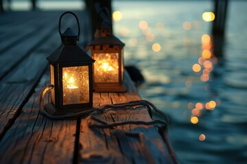 A nostalgic memory captured with old-fashioned lanterns resting on a wooden pier, their flickering light reflecting off the water and evoking a sense of timelessness. - obrazy, fototapety, plakaty