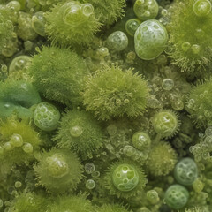 Obraz premium Unicellular green algae chlorella spirulina with large cells single-cells with lipid droplets. Watercolor seamless horizontal border macro microorganism bacteria for cosmetics biological biotech