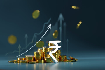 3D rendering Indian Rupee sign, intricately integrated into the scene, signifies financial abundance and successful investments. - obrazy, fototapety, plakaty
