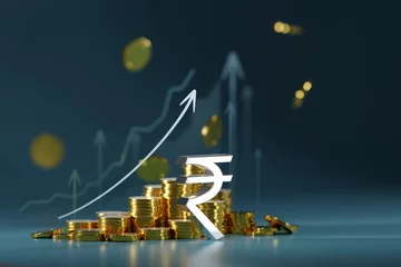 Foto op Canvas 3D rendering Indian Rupee sign, intricately integrated into the scene, signifies financial abundance and successful investments. © THE YOOTH