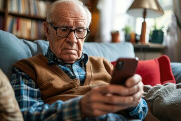 A perplexed elderly man sitting on his living room sofa, staring at his smartphone with a furrowed brow, symbolizing the challenges older adults face with modern technology. - obrazy, fototapety, plakaty