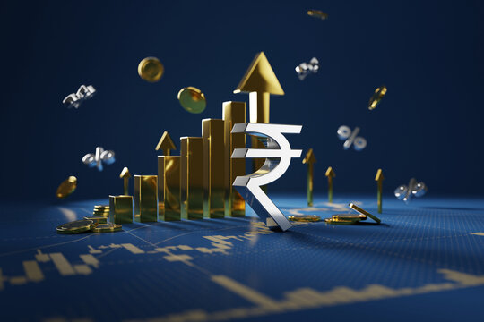 3D rendering Indian Rupee sign, intricately integrated into the scene, signifies financial abundance and successful investments.