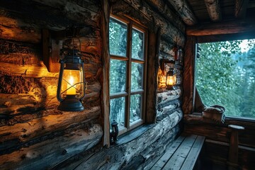 A rustic cabin interior with wall-mounted lanterns casting a warm and inviting glow on the wooden logs, creating a cozy and secluded retreat.