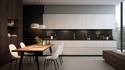 Ideas and reference for modern kitchen interior design. Bright space. Presentation and advertising of a stylish kitchen. Dark wood, white panels, lamps above the table. Product catalog for the site.