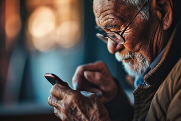 A senior man's hands fumbling with a smartphone, his furrowed brow and focused eyes depicting the effort and determination it takes to bridge the digital gap.