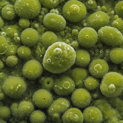 Unicellular green algae chlorella spirulina with large cells single-cells with lipid droplets. Watercolor seamless horizontal border macro microorganism bacteria for cosmetics biological biotech