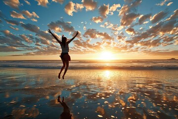 A successful woman embraces the early morning light on the beach, her leap an expression of the exhilaration and satisfaction of reaching her personal summit. - obrazy, fototapety, plakaty