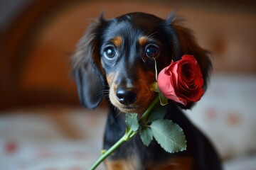 A thoughtful Dachshund puppy with a red rose in its mouth, offering a symbol of love and appreciation, a sweet and sincere gesture for Valentine's Day. - obrazy, fototapety, plakaty