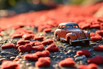 A toy car journeying through a Valentine's Day landscape, each heart shape it passes a testament to the enduring and ever-growing love celebrated on this special day. - obrazy, fototapety, plakaty