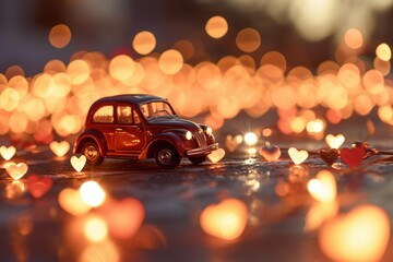 Fototapeta na wymiar A toy car surrounded by a halo of heart shapes, its path illuminated by the soft light of love, creating a serene and heartfelt celebration of Valentine's Day.