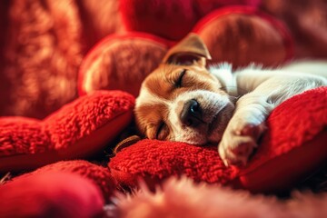 A Valentine puppy nestled among soft, heart-shaped cushions, its gentle snores and peaceful demeanor offering a comforting presence on a day dedicated to love. - obrazy, fototapety, plakaty
