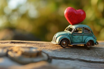 A whimsical setup of a small toy car with a giant red heart shape attached to its roof, ready to deliver love and joy this Valentine's Day.