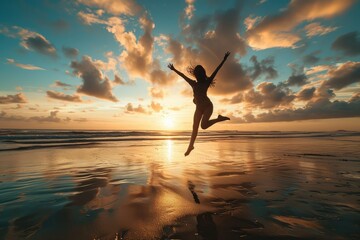 A woman on the cusp of greatness, her silhouette against the rising sun on the beach, leaping with open arms as a gesture of her readiness to conquer new heights. - obrazy, fototapety, plakaty
