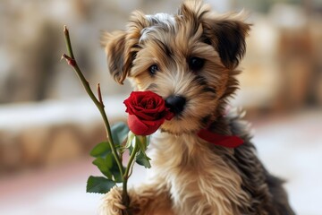 An adorable Valentine puppy with a fluffy coat holding a red rose in its mouth, the epitome of puppy love and affection.