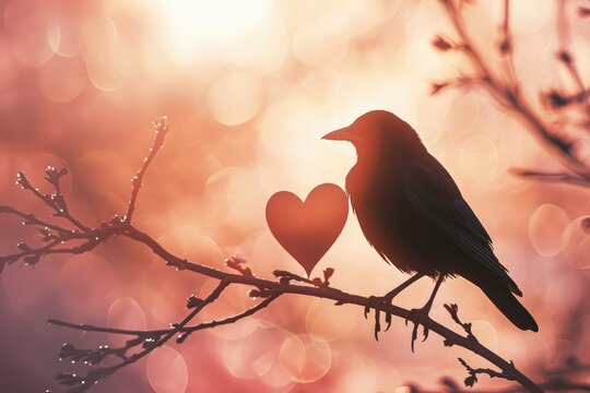 A whimsical depiction of love with a bird's silhouette intersecting a heart shape, all cast against a soothing pastel background, inviting contemplation and romance on Valentine's Day.