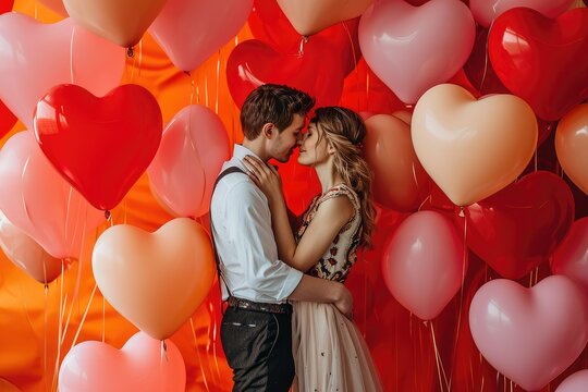 An Adorable Young Couple Sharing A Tender Moment, Surrounded By Floating Heart-shaped Balloons In Various Shades, Set Against A Bright Color Background For Valentine's Day.