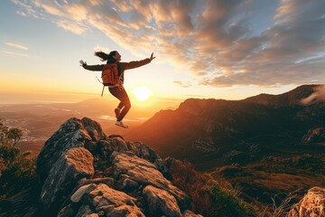 An elated woman on the mountaintop, her joyful leap an expression of freedom and accomplishment, with the sunrise painting a breathtaking canvas of her success.