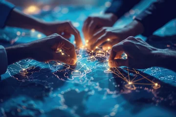 Foto auf Acrylglas An assembly of business leaders joining hands over a map, with blockchain nodes connecting them, illustrating the integration of technology and human empathy in global partnerships. © Lucija