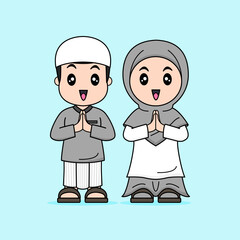 Vector Design of Muslim kids girl and boy, Eid Fitri, Eid Adha, Ramadhan Kareem