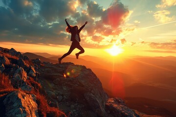 An empowered woman rejoices at the break of dawn on a mountain crest, her leap a dance of joy and accomplishment against the backdrop of a glorious sunrise. - obrazy, fototapety, plakaty