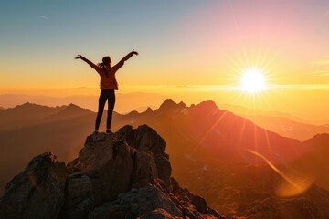 An exuberant woman stands atop a mountain peak, arms outstretched towards the rising sun, her silhouette a symbol of triumph and new beginnings.