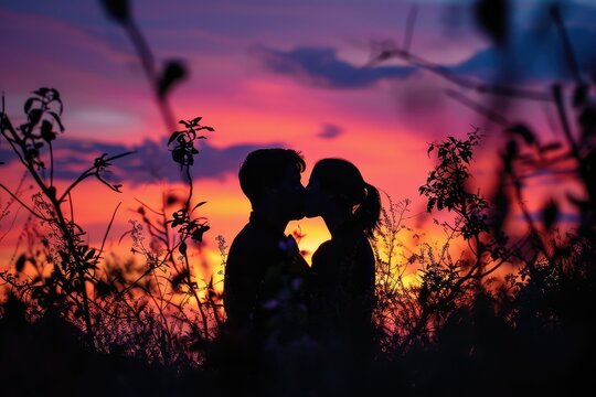 An enchanting scene of two lovers in silhouette, their lips meeting in a gentle kiss as the sun sets in a brilliant display of oranges, pinks, and purples.