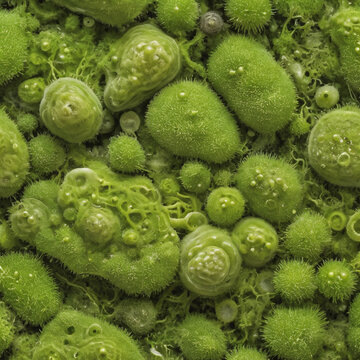 Unicellular green algae chlorella spirulina with large cells single-cells with lipid droplets. Watercolor seamless horizontal border macro microorganism bacteria for cosmetics biological biotech