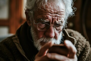 An old man with gray hair, his face etched with worry as he attempts to understand the app on his phone, a representation of the digital divide affecting older adults. - obrazy, fototapety, plakaty