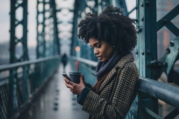 An urban professional on a bridge, her eyes locked on her mobile screen as she sips her coffee, embodying the modern woman's ability to multitask and stay connected. - obrazy, fototapety, plakaty