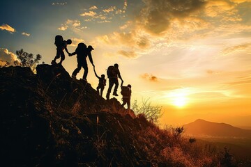 Silhouettes of a family against the dawn light, reaching the summit together, their collective triumph a symbol of how family support and teamwork pave the path to success.