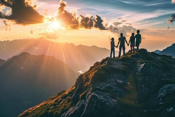 The outline of a family against a majestic mountain backdrop, their linked hands and upward gaze a powerful portrayal of the unity, support, and shared vision that drive family success.