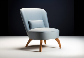 Ideas and reference with a modern stylish design of an upholstered chair. Futuristic shapes, bright space. Presentation and advertising of furniture. White and dark background. Blue fabric.