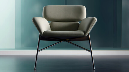 Ideas and reference with modern stylish chair design. Futuristic shapes, bright space. Presentation and advertising of furniture. Turquoise background. Gray fabric.