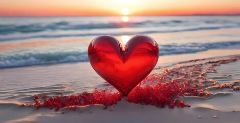 Fototapeta premium Two red hearts on the tropical beach sand against the background of the ocean on a setting sun Generative Ai