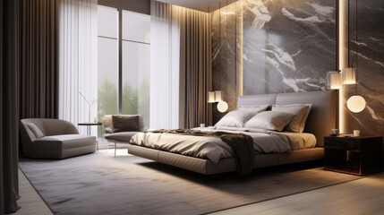 Ideas and reference for modern bedroom interior design. Home resting place, bed. Apartment and house. Lighting, bright space. A combination of light and dark. Marble walls.