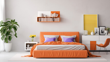 Ideas and reference for modern bedroom interior design. Home resting place, bed. Apartment and house. Lighting, bright space. A combination of gray white and orange. Lamp, plant.