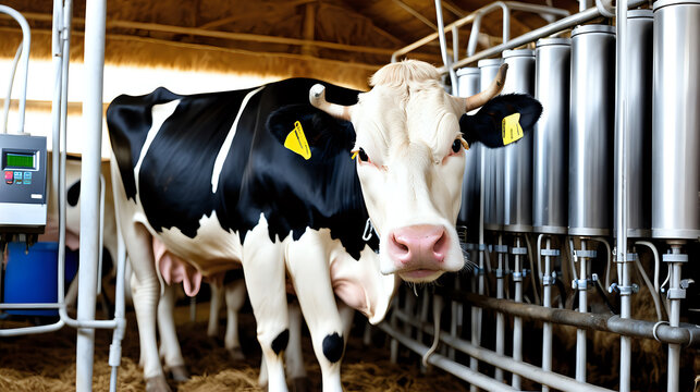 Dairy cows stand in a modern factory with machines efficiently handle the milking operations.