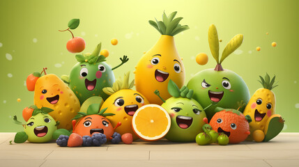 Happy Fruits Cute Cartoon 3D Collection Simple Background Generative Ai