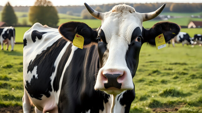 Close up of a holstein cow on a farm in the countryside.
