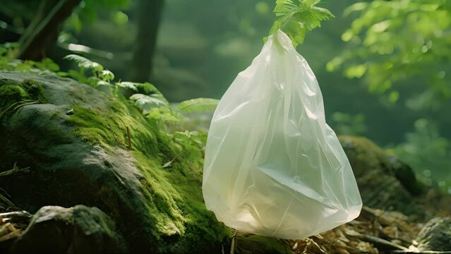 A closeup of a biodegradable plastic bag degrading in the natural environment, emphasizing the importance of these materials in reducing plastic waste and preserving the planet for future