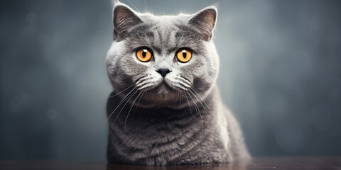 British shorthair blue cat on a black background portrait Fluffy kitten staring with charming yellow eyes British shorthair grey cat with big wide face Lying on Isolated front view.AI Generative